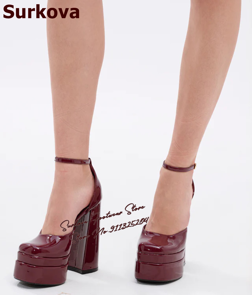 Women'S Shoes Burgundy - Surkova Burgundy Kulit Paten Tumit Tebal