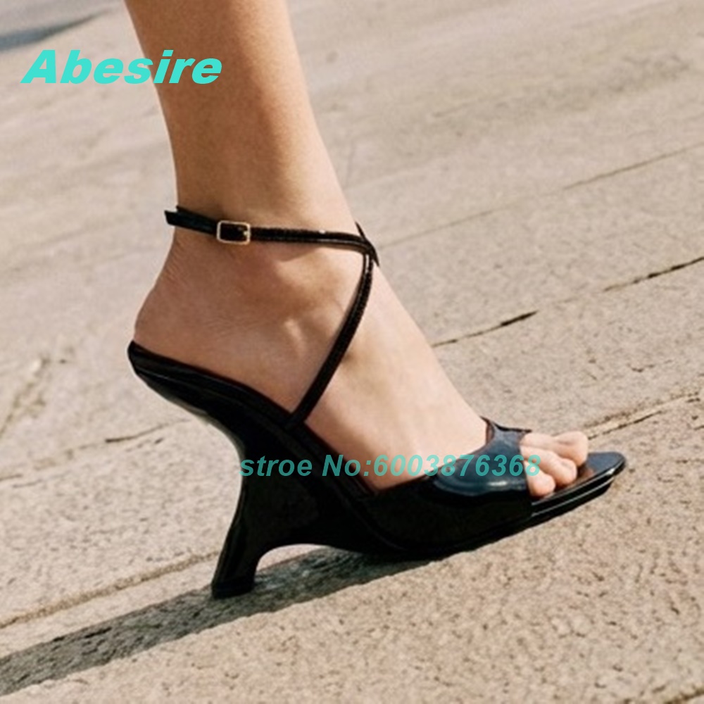 Women'S Shoes Y2K - Sandal Peep Toe Kulit Paten Hitam
