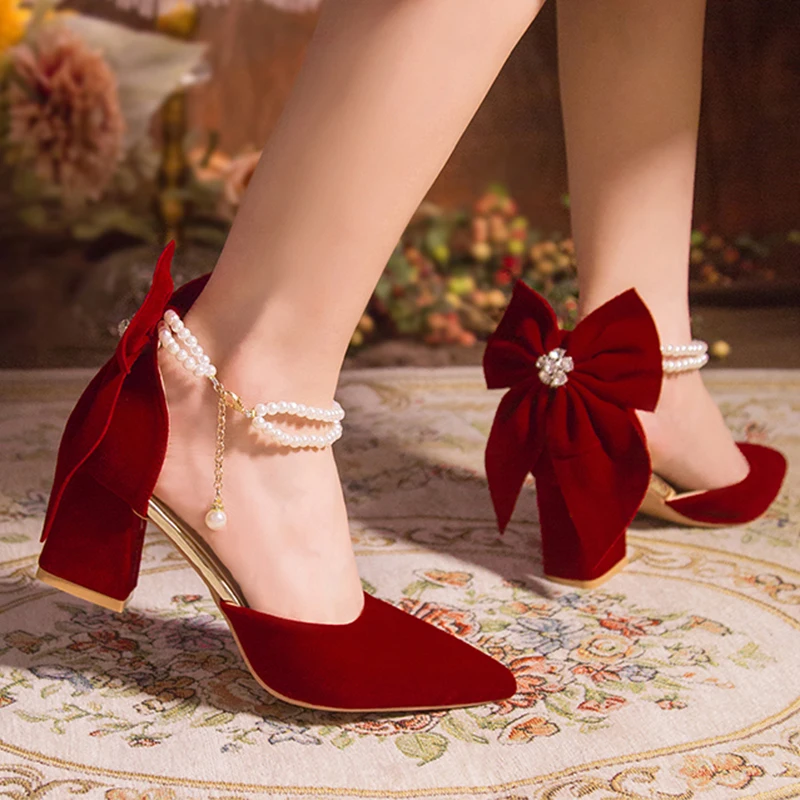 Women'S Shoes Burgundy - Sepatu Pumps Wanita Mewah Rantai Mutiara