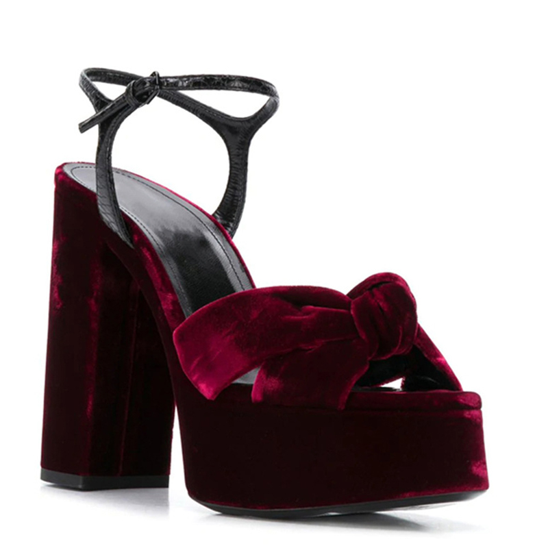 Women'S Shoes Burgundy - Sandal Platform Peep Toe Beludru Burgundy